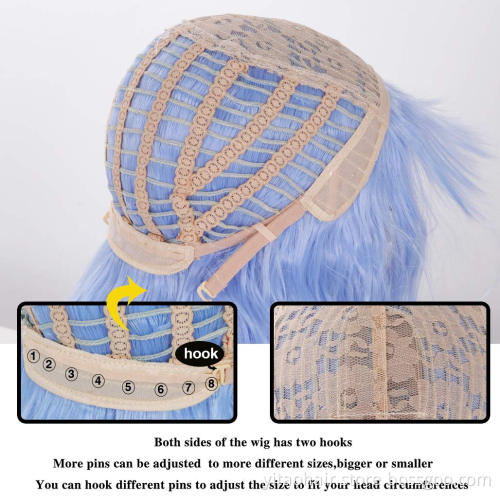Blue Wavy Wig with Flat Bangs 14" Synthetic Natural Hair Heat Resistant Fiber Cosplay Wig for Women